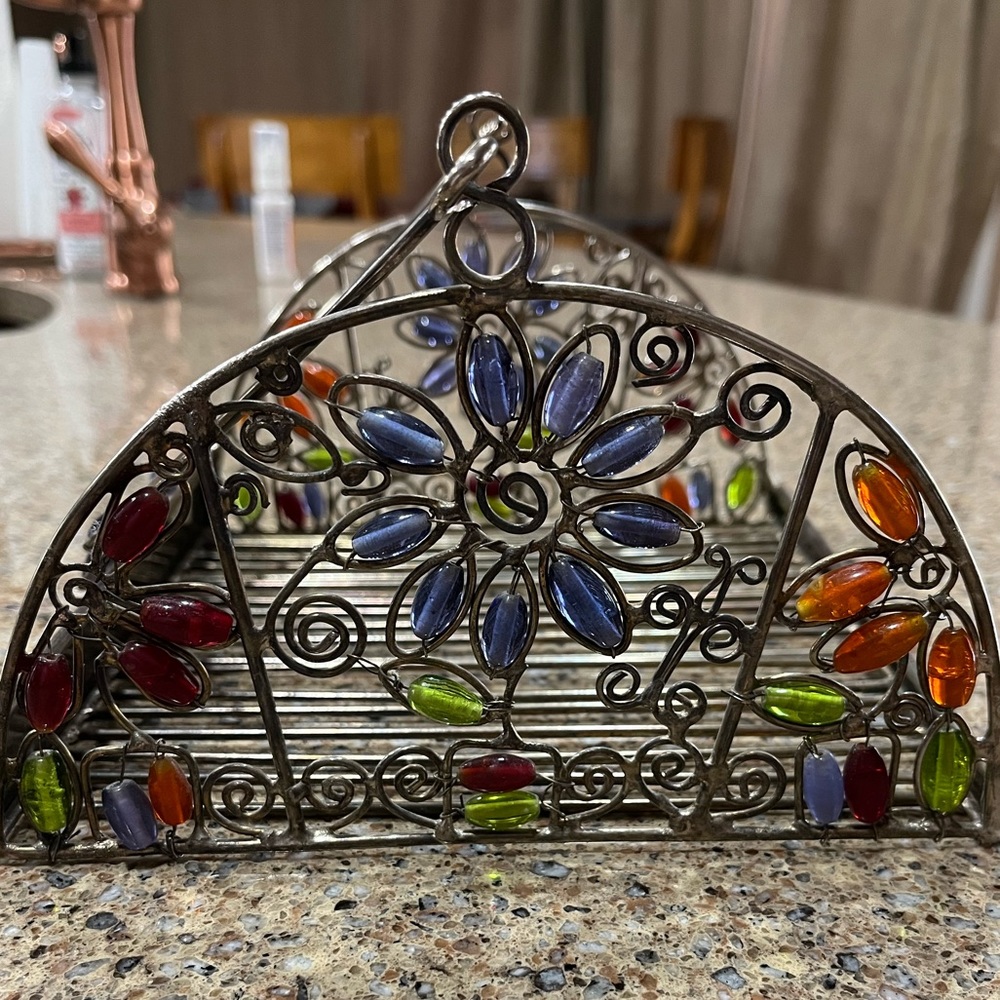Vintage Glass Like Beaded Silver Napkin Holder with Beaded Handle - Picture 12 of 16